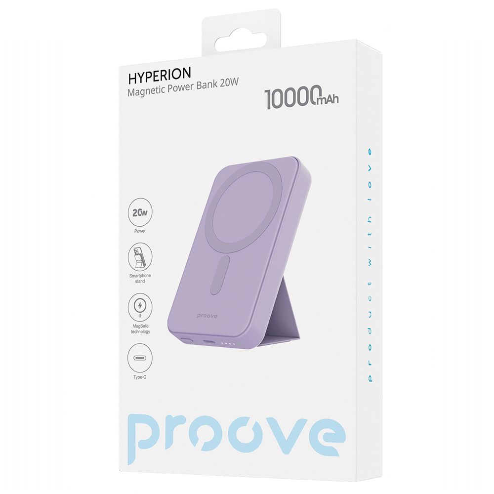 Външна батерия Wireless Proove Hyperion, 10000mAh, 20W, PD + FQI, 1 x QI - 1 x USB-C, Лилав