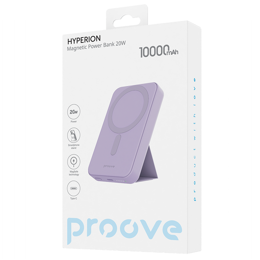 Външна батерия Wireless Proove Hyperion, 10000mAh, 20W, PD + FQI, 1 x QI - 1 x USB-C, Лилав