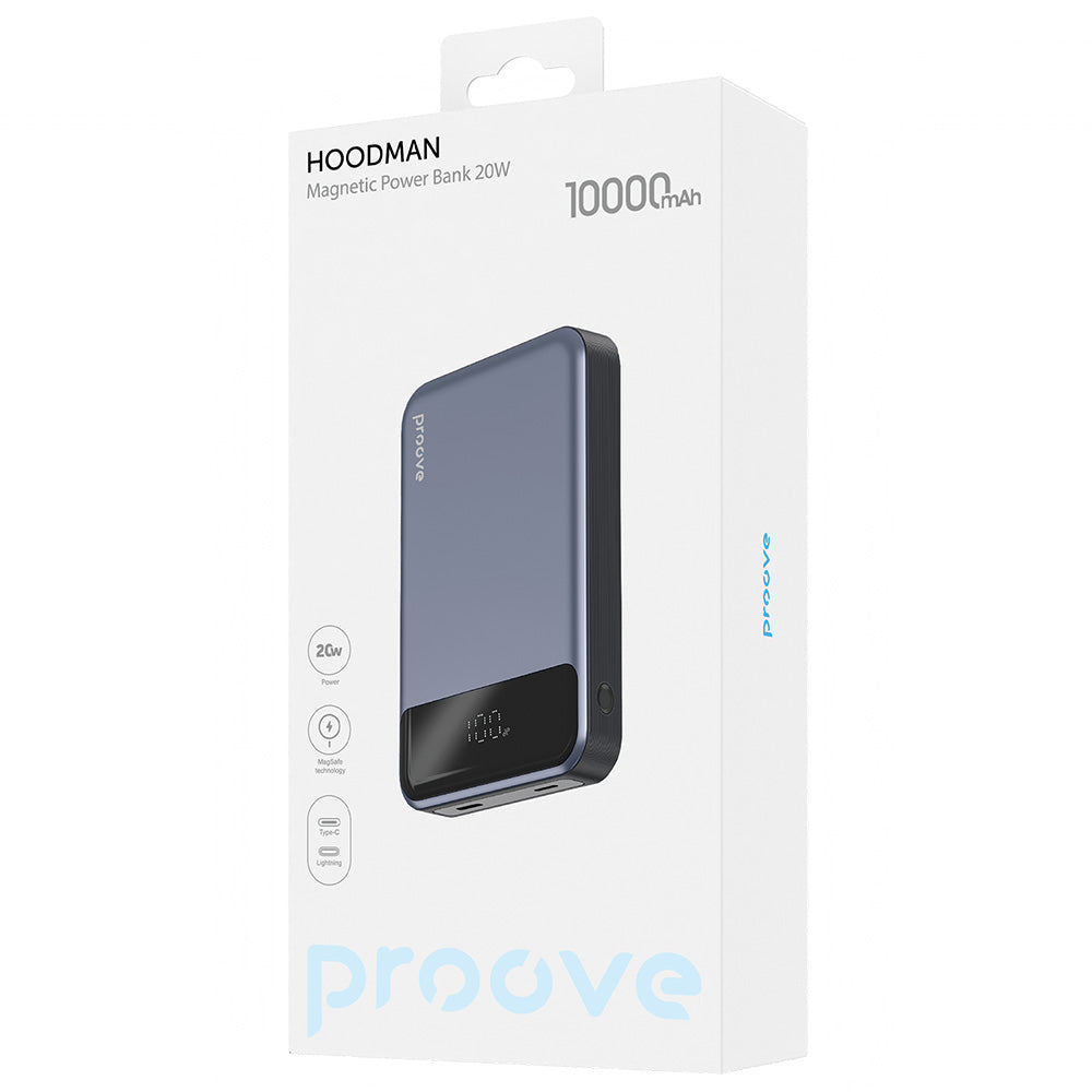 Външна батерия Wireless Proove Hoodman, 10000mAh, 20W, PD + FQI, 1 x QI - 1 x USB-C, Сива PBH120010003