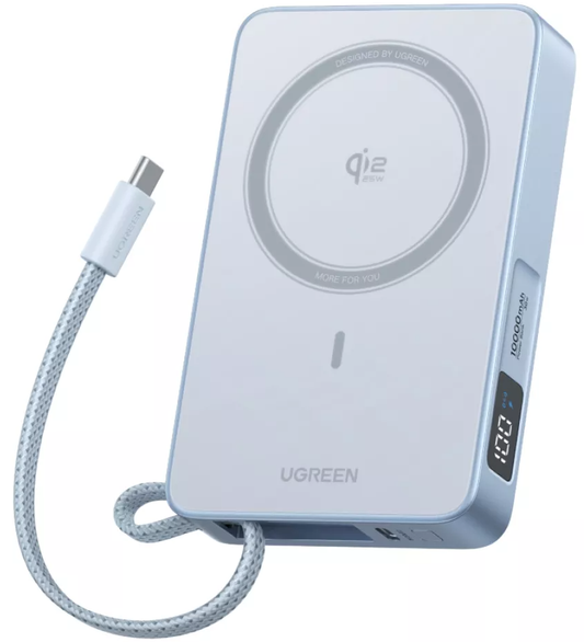 Безжична външна батерия UGREEN MagFlow PB773 (65958), 10000mAh, 25W, PD + FQI, 1 x QI - 2 x USB-C, Синя