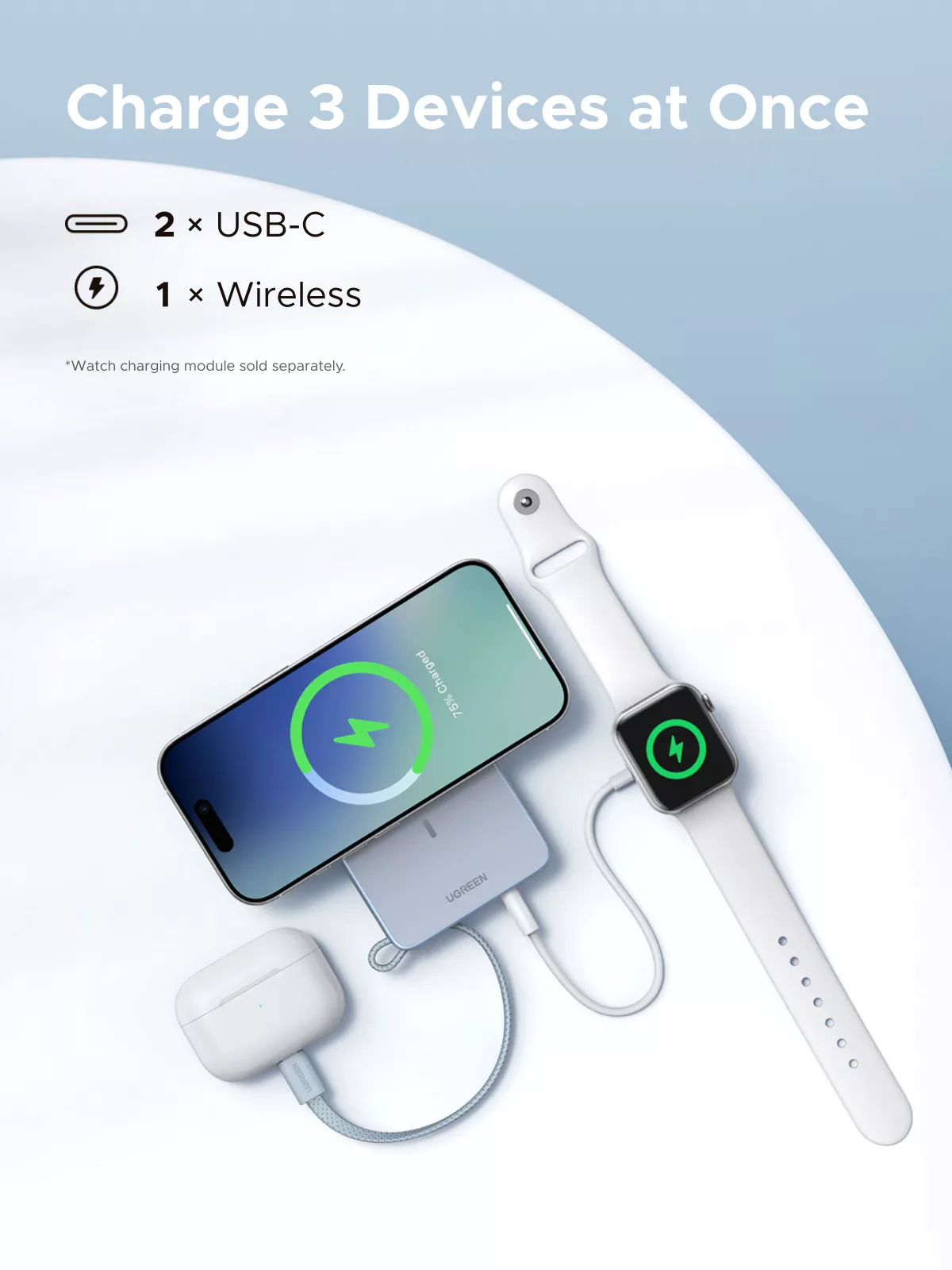 UGREEN MagFlow PB773 Wireless External Battery, 10000mAh, 25W, PD + FQI, 1 x QI - 2 x USB-C, Blue