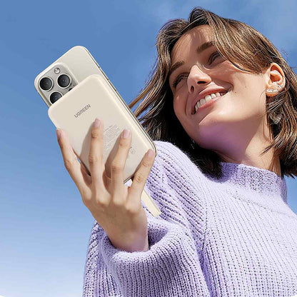 Външна батерия Wireless UGREEN PB760, 10000mAh, 20W, PD + FQI, 1 x QI - 1 x USB-C, Бежов