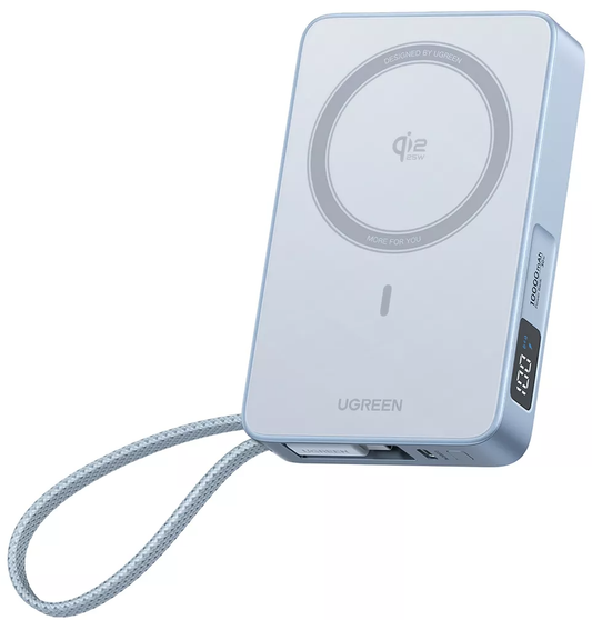 Безжична външна батерия UGREEN MagFlow PB773 (65958), 10000mAh, 25W, PD + FQI, 1 x QI - 2 x USB-C, Синя