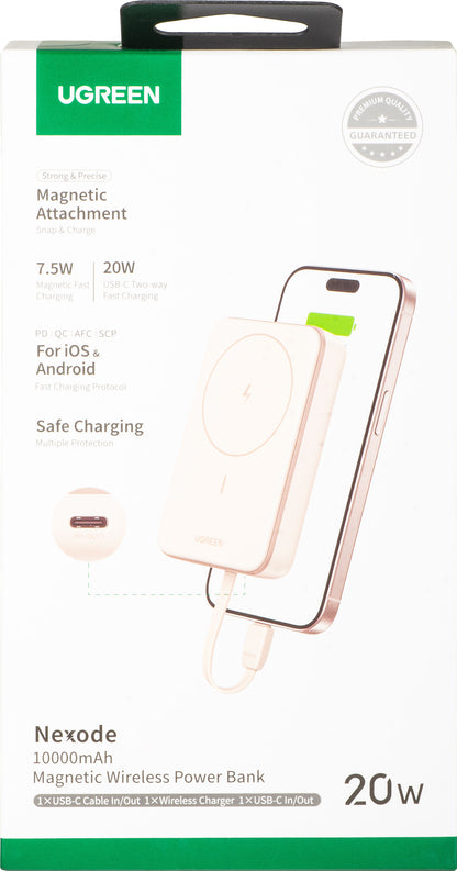 Външна батерия Wireless UGREEN PB760, 10000mAh, 20W, PD + FQI, 1 x QI - 1 x USB-C, Бежов