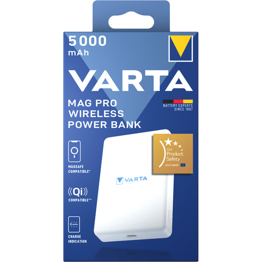 Външна батерия Wireless Varta Mag Pro, 5000mAh, 12W, 1 x QI - 1 x USB-C, Бяла