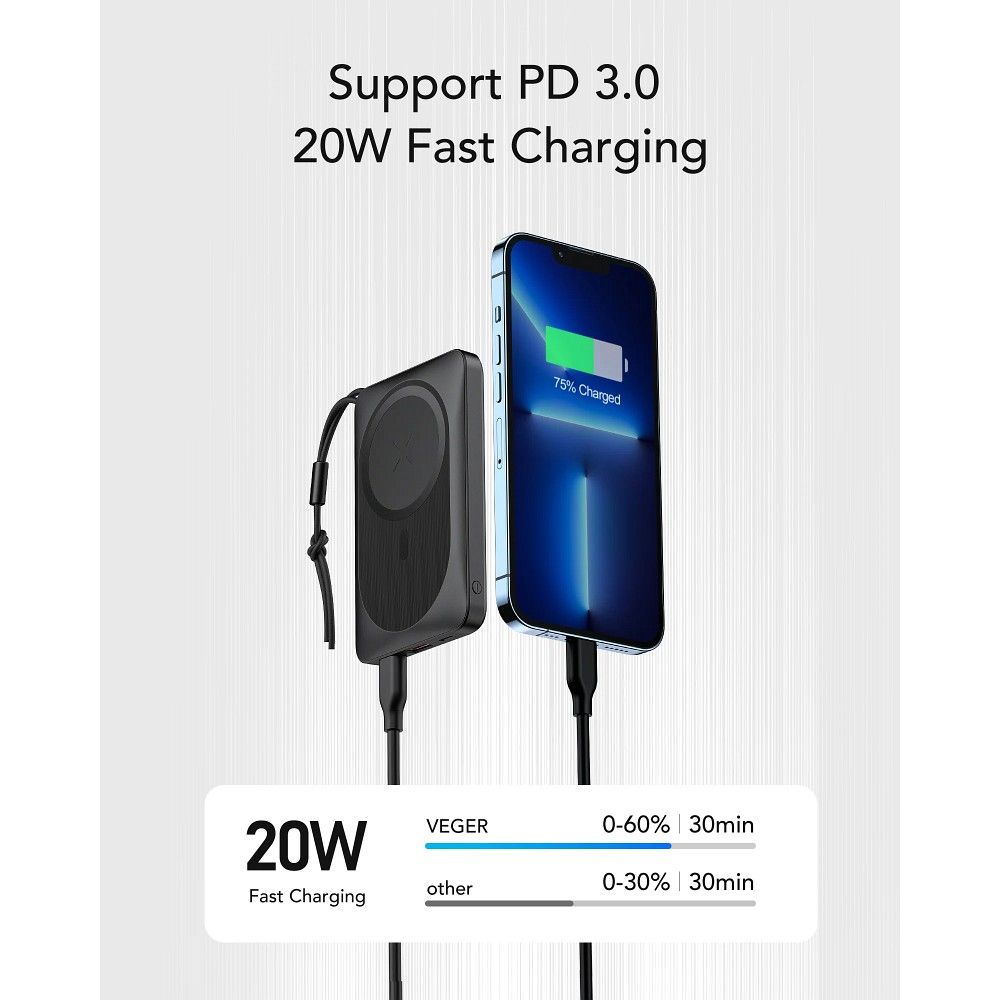 Veger VP1151 / W1151 Wireless External Battery, 10000mAh, 22.5W, QC + PD + FQI, 1 x QI - 1 x USB-A - 1 x USB-C, Black