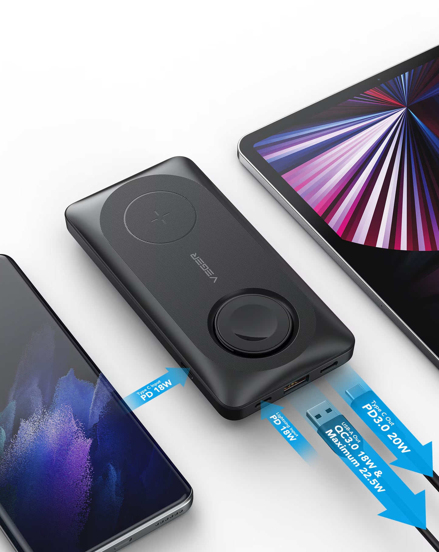 Външна батерия Wireless Veger MagMulti W1156, 10000mAh, 22.5W, QC + PD + FQI, 2 x QI - 1 x USB-A - 1 x USB-C, Черна