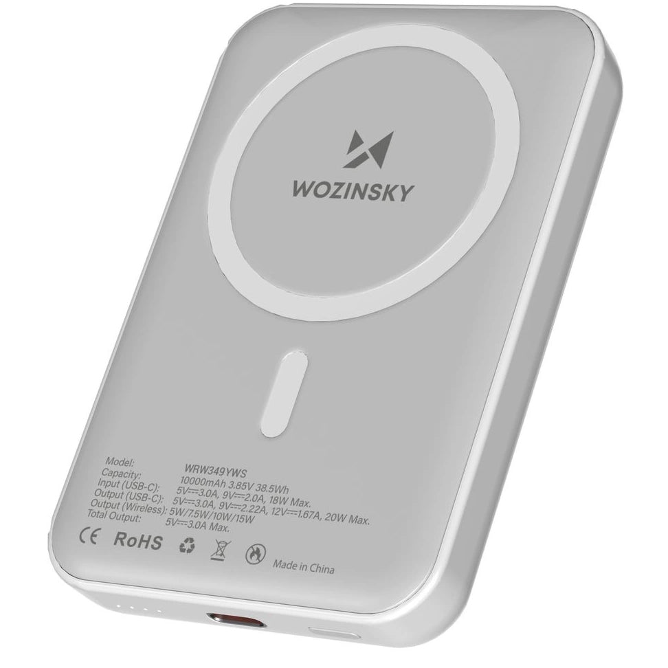 Външна батерия Wireless WZK WRW349YWS, 10000mAh, 20W, PD + FQI, 1 x QI - 1 x USB-C, Бяла