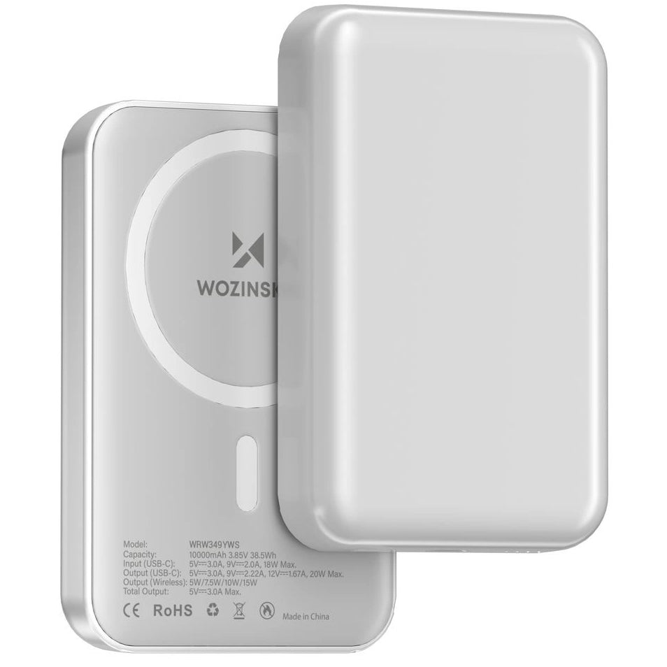 Външна батерия Wireless WZK WRW349YWS, 10000mAh, 20W, PD + FQI, 1 x QI - 1 x USB-C, Бяла