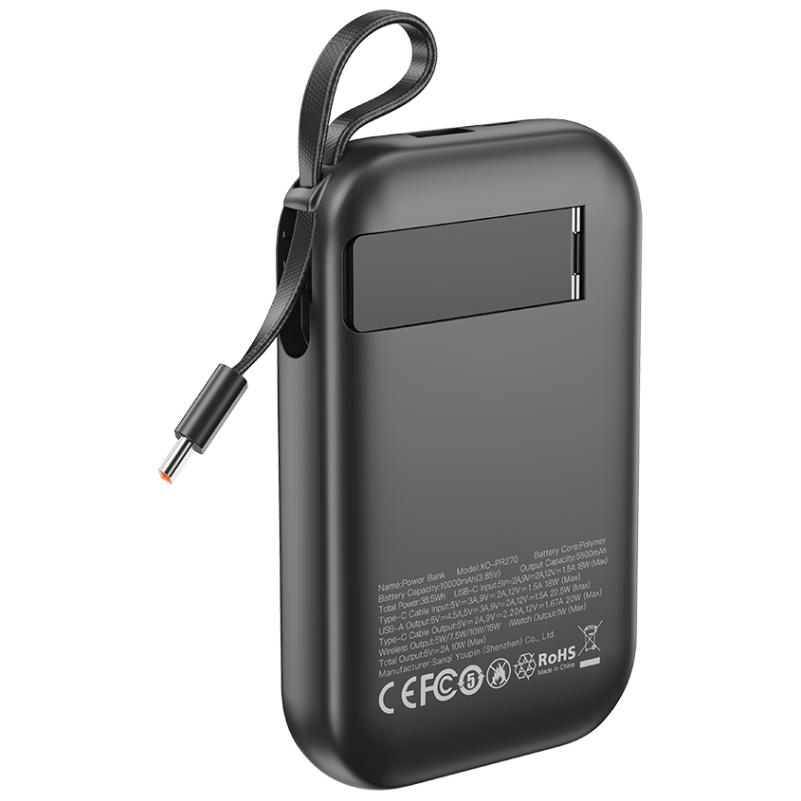 Външна батерия Wireless XO Design PR270, 10000mAh, 22.5W, QC + PD + QI, 1 x QI - 1 x USB-A - 1 x USB-C, Черна