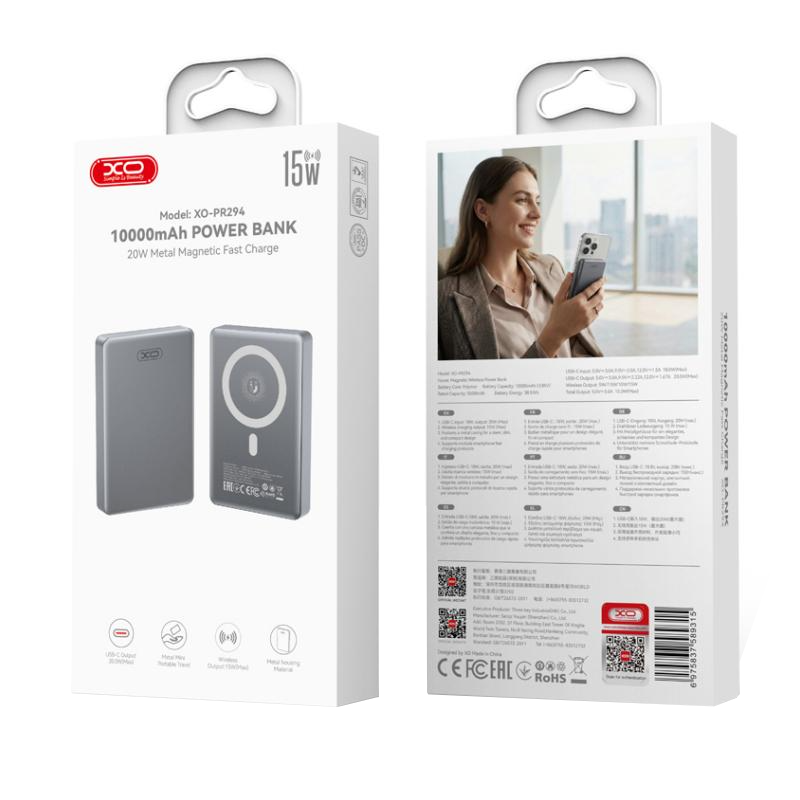 Безжична външна батерия XO Design PR294, 10000mAh, 20W, PD + FQI, 1 x QI - 1 x USB-C, Сива