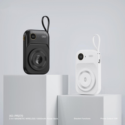 Външна батерия Wireless XO Design PR270, 10000mAh, 22.5W, QC + PD + QI, 1 x QI - 1 x USB-A - 1 x USB-C, Черна