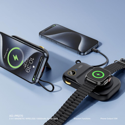 Външна батерия Wireless XO Design PR270, 10000mAh, 22.5W, QC + PD + QI, 1 x QI - 1 x USB-A - 1 x USB-C, Черна