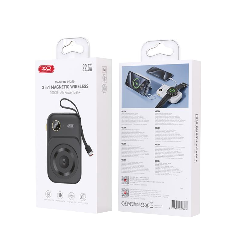 Външна батерия Wireless XO Design PR270, 10000mAh, 22.5W, QC + PD + QI, 1 x QI - 1 x USB-A - 1 x USB-C, Черна