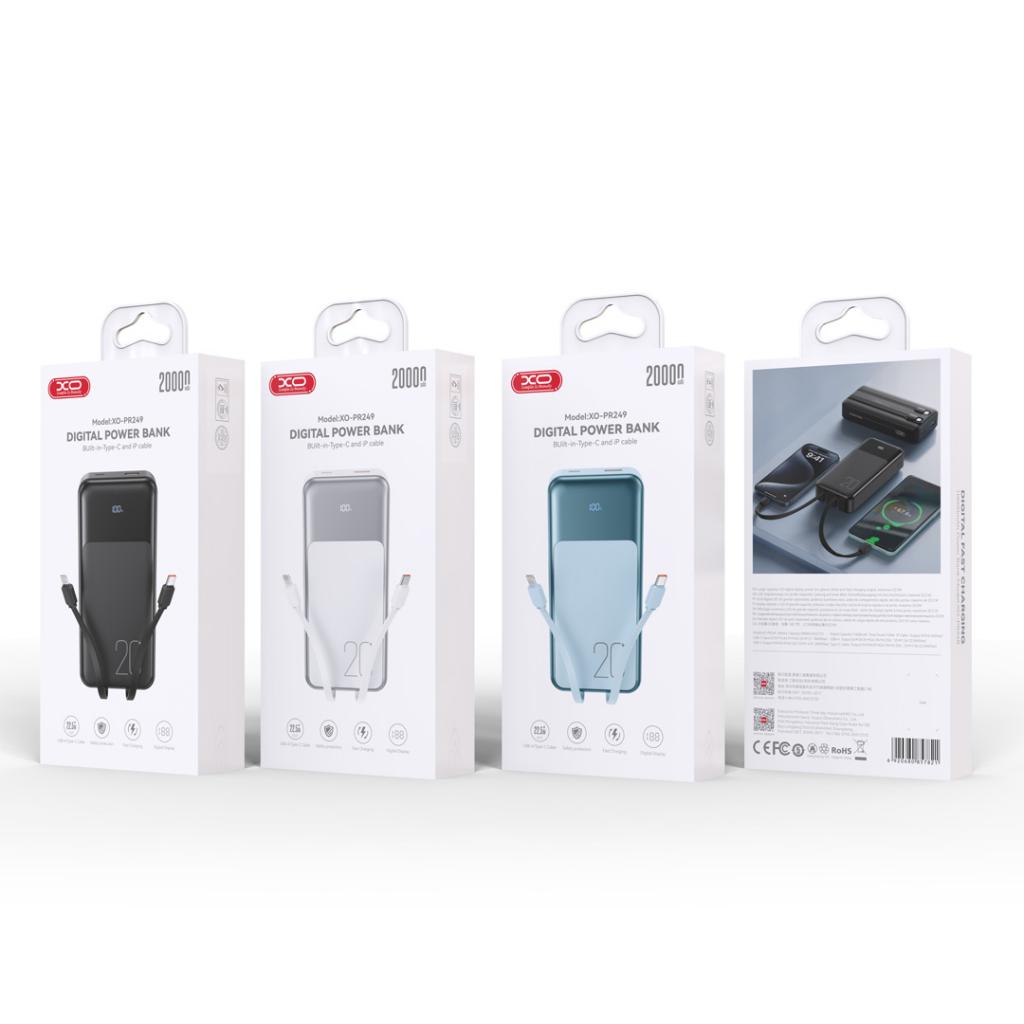 XO Design PR249 External Battery, 20000mAh, 22.5W, QC + PD, 1 x Lightning - 1 x USB-A - 2 x USB-C, White