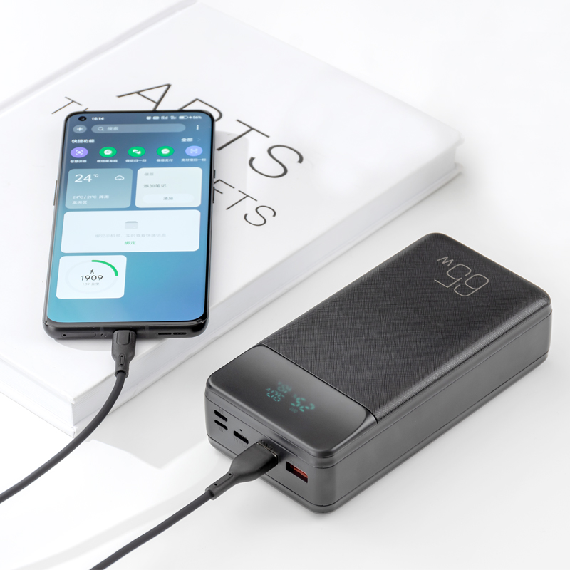 XO Design PR201 External Battery, 30000mAh, 65W, QC + PD, 1 x USB-C - 2 x USB-A, Black