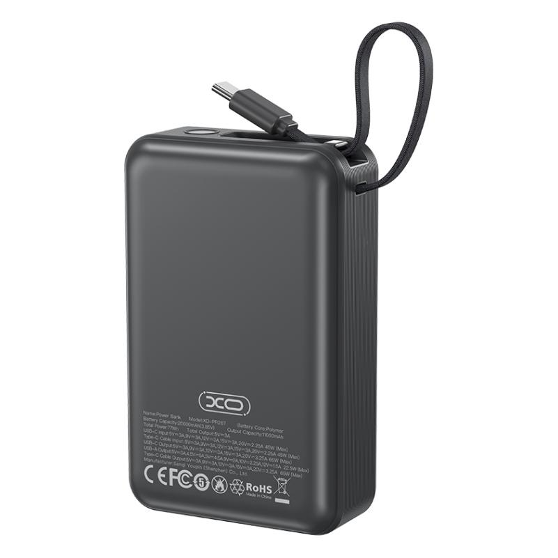 Външна батерия XO Design PR267, 20000mAh, 65W, QC + PD, 1 x USB-A - 2 x USB-C, Сив