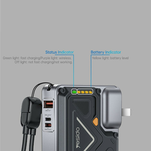 Външна батерия Yesido YP89, 10000mAh, 22.5W, QC + PD + FQI, 1 x Lightning - 1 x QI - 1 x USB-A - 1 x USB-C, Сив