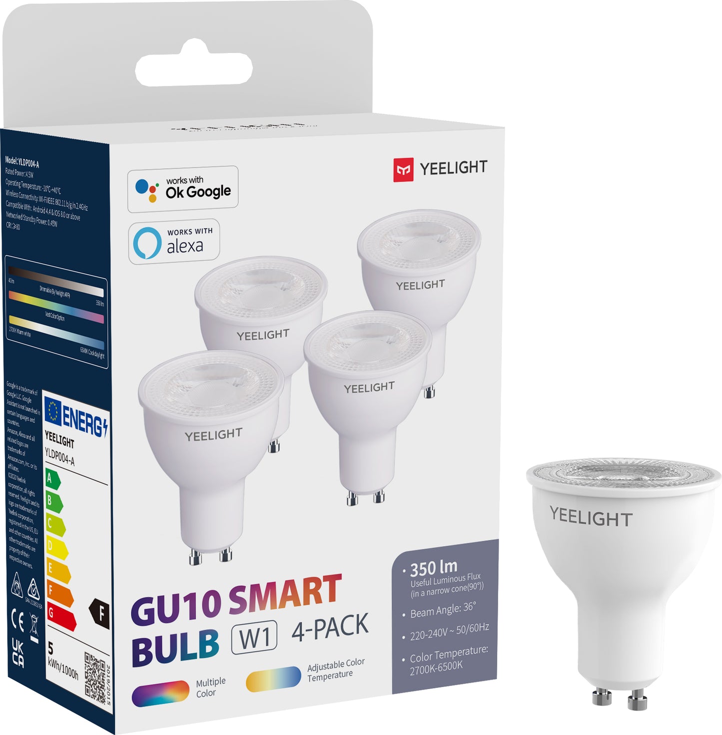 LED крушка Yeelight W1, Wi-Fi, GU10, 4.5W, 2700K - 6500K, 350lm, Комплект 4 броя, Мултицветна YLDP004-A