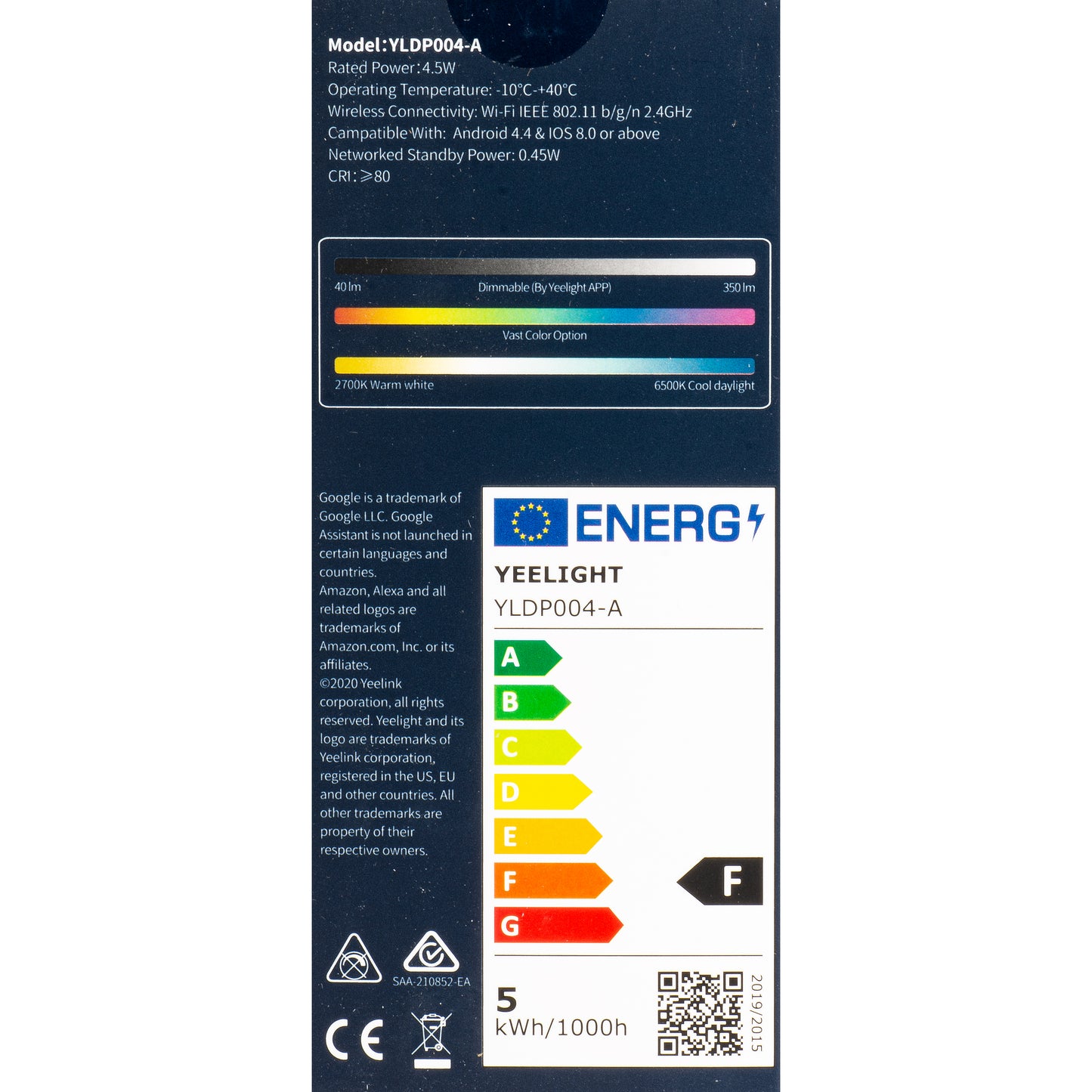 LED крушка Yeelight W1, Wi-Fi, GU10, 4.5W, 2700K - 6500K, 350lm, Комплект 4 броя, Мултицветна YLDP004-A