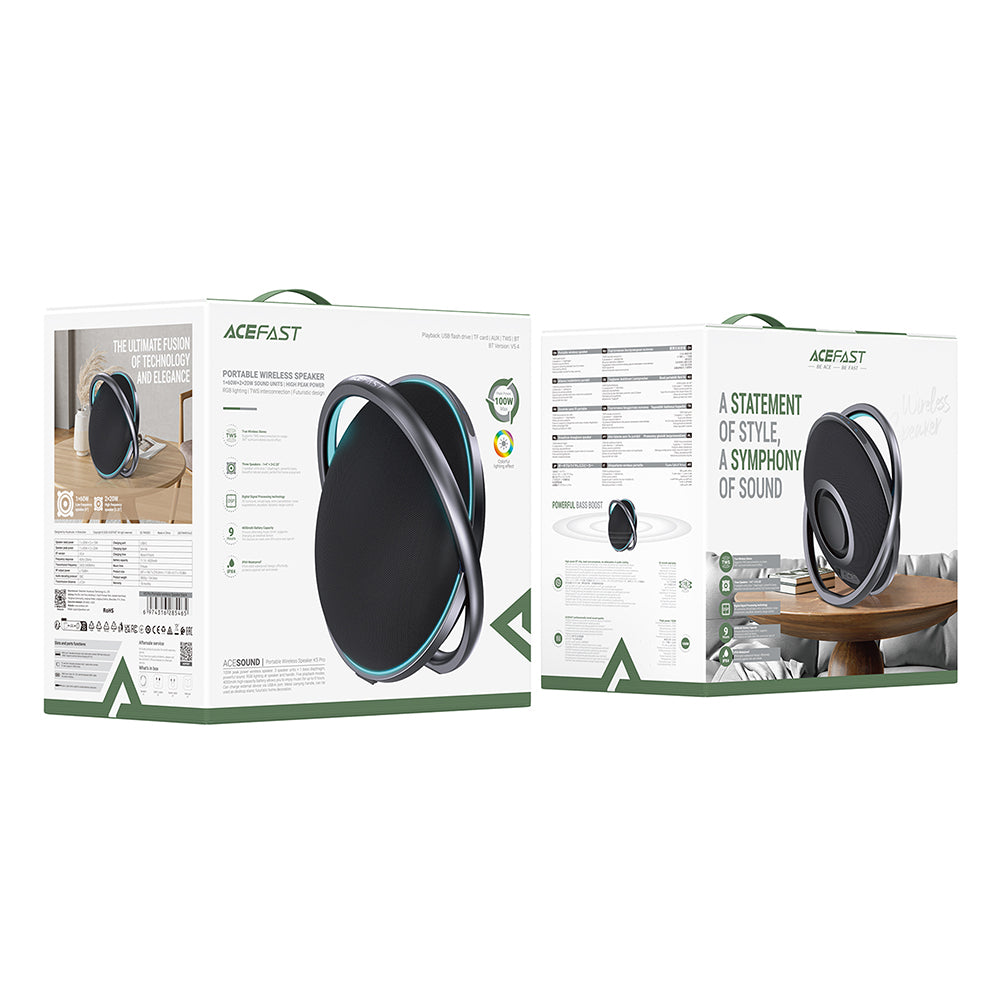 Bluetooth колонка Acefast K5 Pro, 100W, RGB, Водоустойчива, Черна