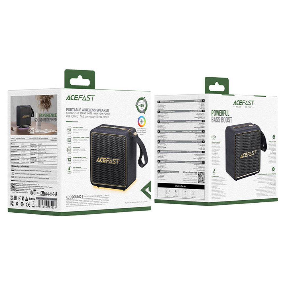 Портативна Bluetooth колонка Acefast K3 Nano, 1 x 30W - 1 x 16W, RGB, Водоустойчива, Черна