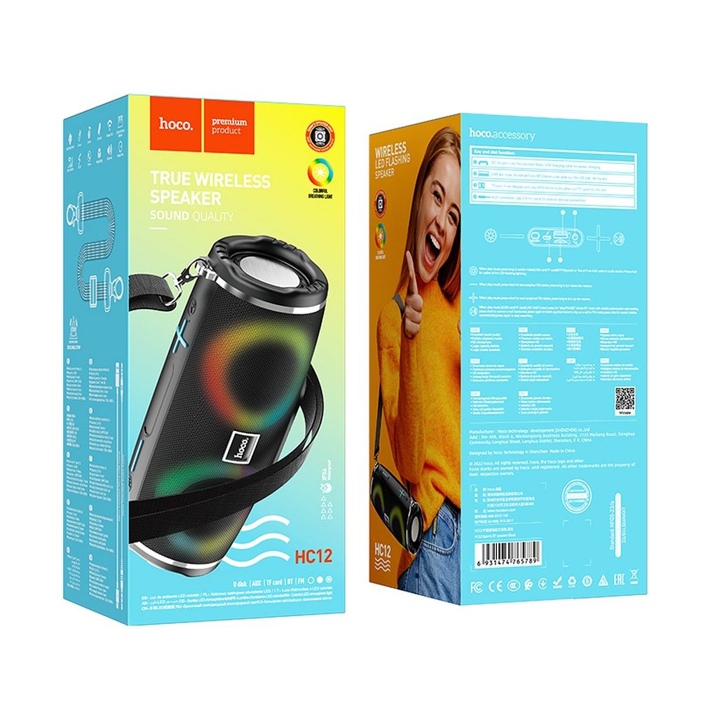 Портативна Bluetooth колонка HOCO HC12, 10W, RGB, Водоустойчива, Черна