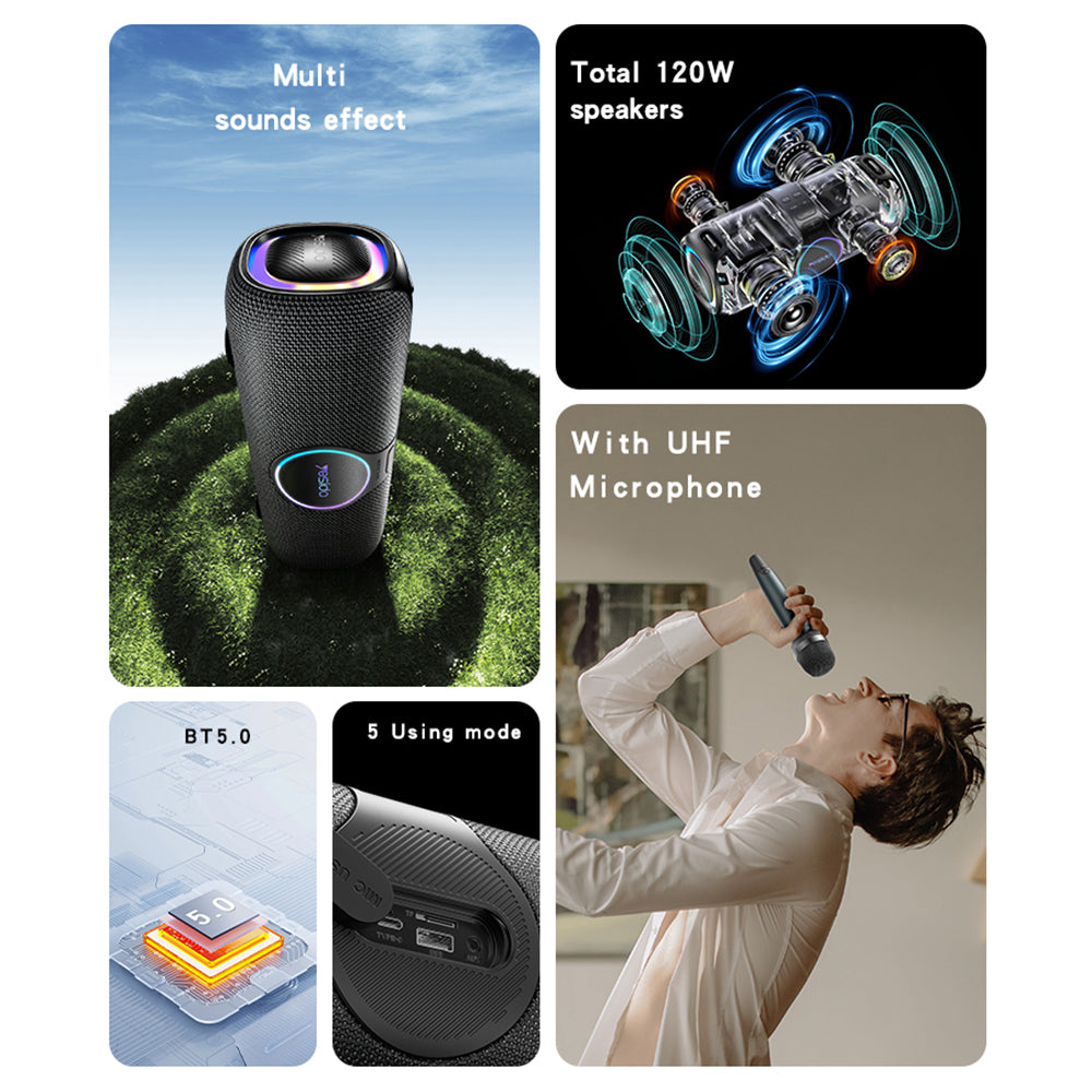 Bluetooth колона Yesido YSW21 Karaoke, 120W, RGB, Водоустойчива, Черна