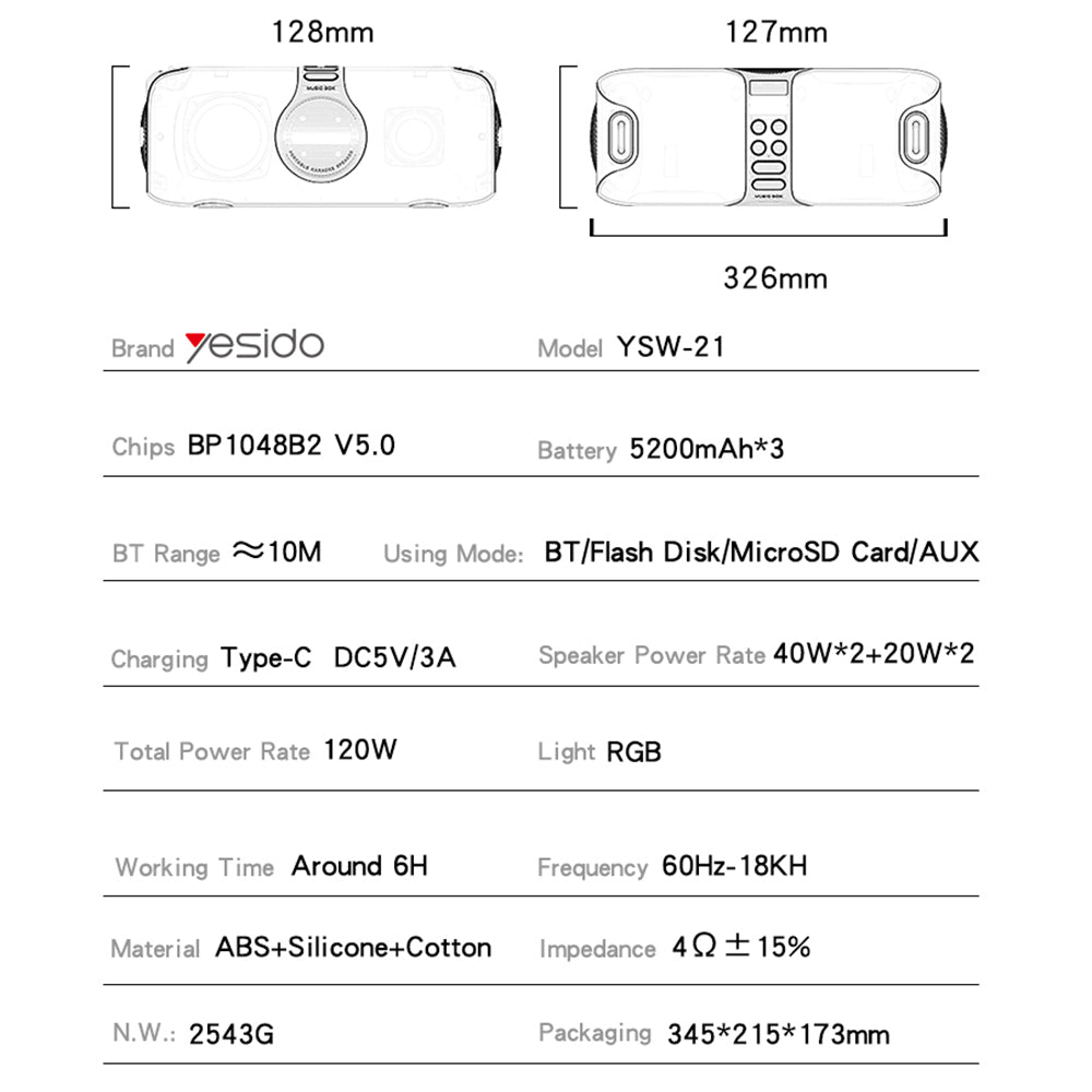 Bluetooth колона Yesido YSW21 Karaoke, 120W, RGB, Водоустойчива, Черна