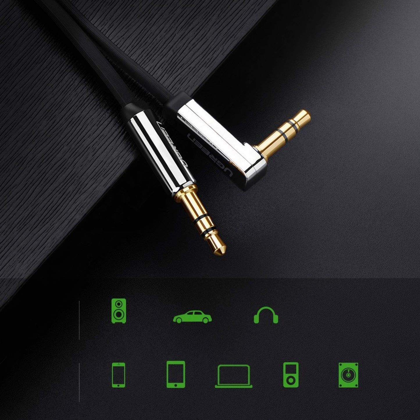 Аудио кабел 3.5mm - 3.5mm UGREEN AV119 Angled, 1.5m, Черен