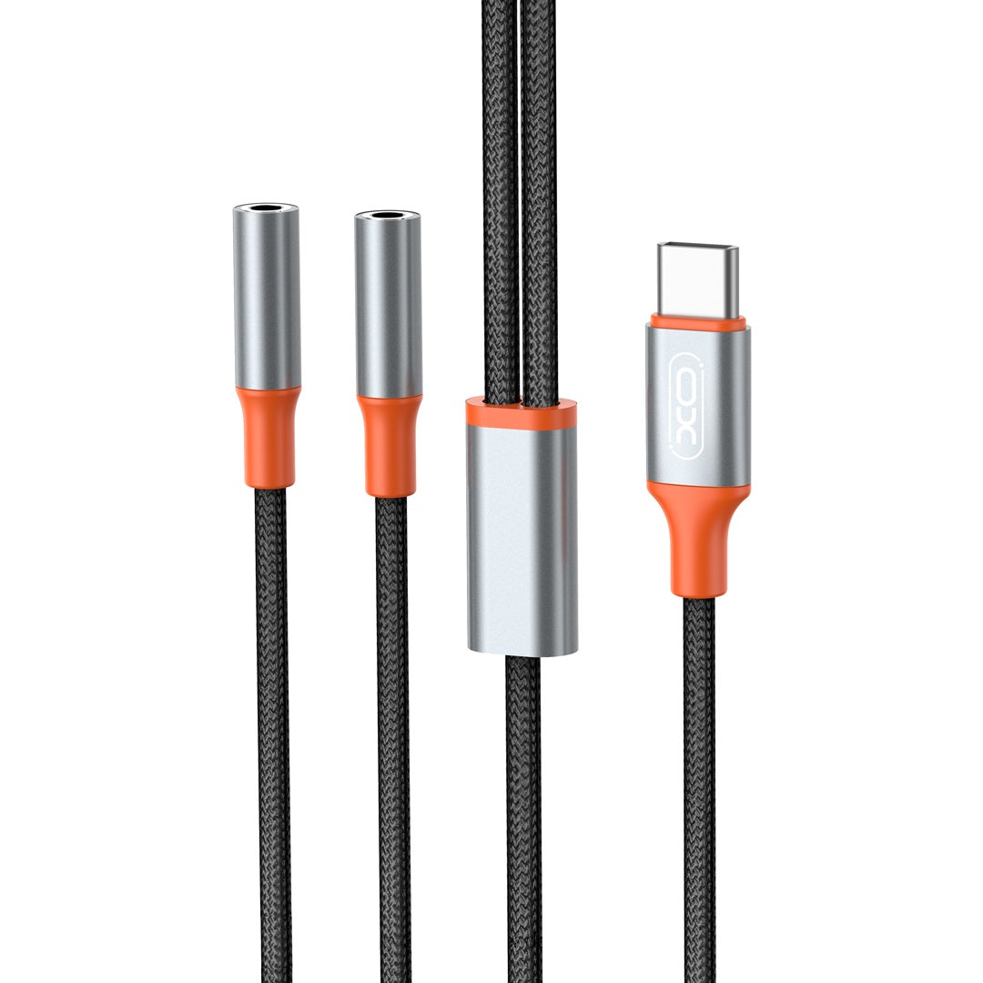 USB-C аудио кабел с разклонител - 2 x 3,5 мм XO Design NB-R269B 2в1, 1,2 м, черен 