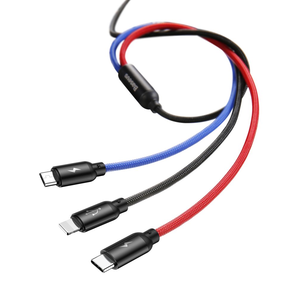 Кабел за зареждане USB-A - Lightning / microUSB / USB-C Baseus Colors 3in1, 20W, 1.2m, Черен CAMLT-BSY01