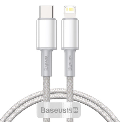 Baseus кабел за данни и зареждане с висока плътност с оплетка USB-C - Lightning, 20W, 1 м, бял CATLGD-02