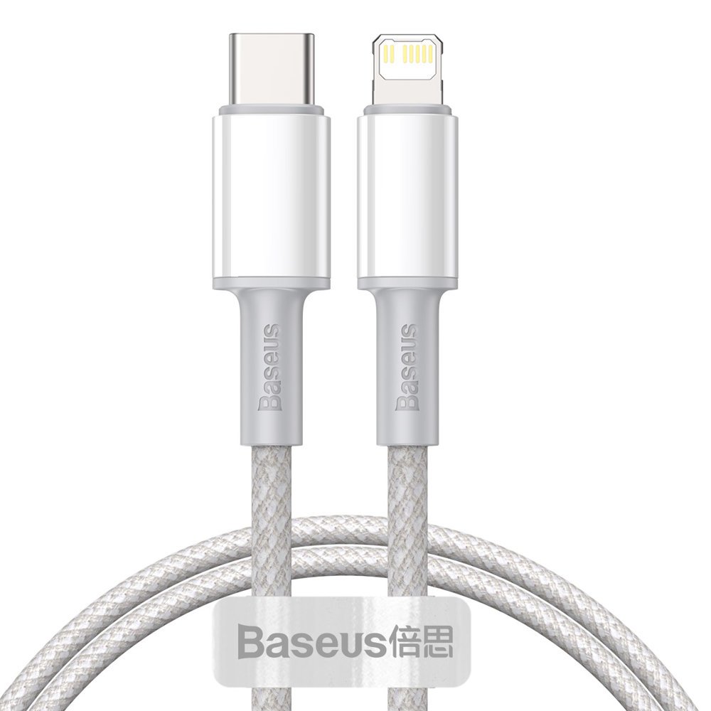 Кабел за данни и зареждане USB-C - Lightning Baseus с висока плътност и оплетка, 20 W, 2 м, бял CATLGD-A02