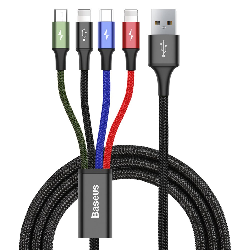 Кабел за зареждане USB-A - 2 x Lightning / microUSB / USB-C Baseus Rapid 4in1, 20 W, 1,2 м, черен CA1T4-A01