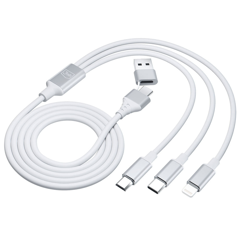 Кабел за зареждане USB-A / USB-C - Lightning / microUSB / USB-C 3MK Hyper 3in1, 12W, 1,5 м, бял 