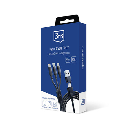 Кабел за зареждане USB-A / USB-C - Lightning / microUSB / USB-C 3MK Hyper 3in1, 12W, 1,5 м, черен 