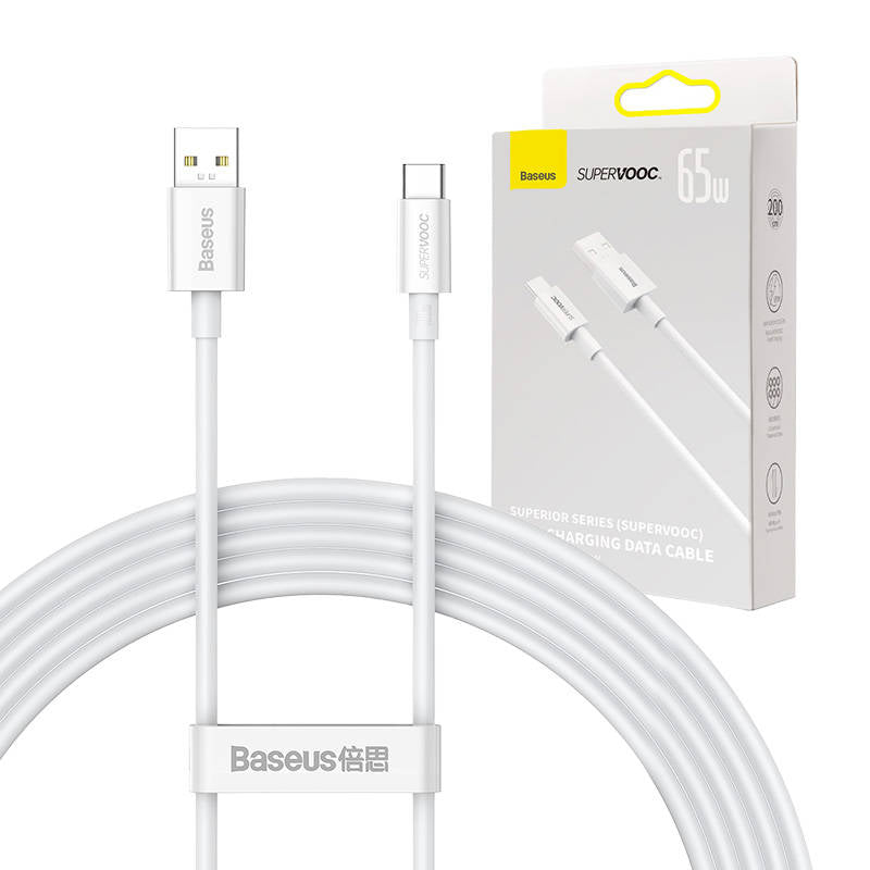 Кабел за данни и зареждане USB-A - USB-C Baseus Superior Series, 65W, 2 m, бял CAYS000901