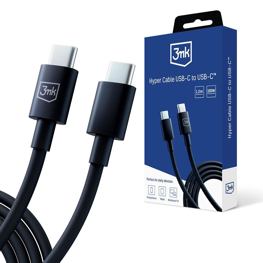 USB-C кабел за данни и зареждане - USB-C 3MK Hyper, 100W, 1,2 м, черен 