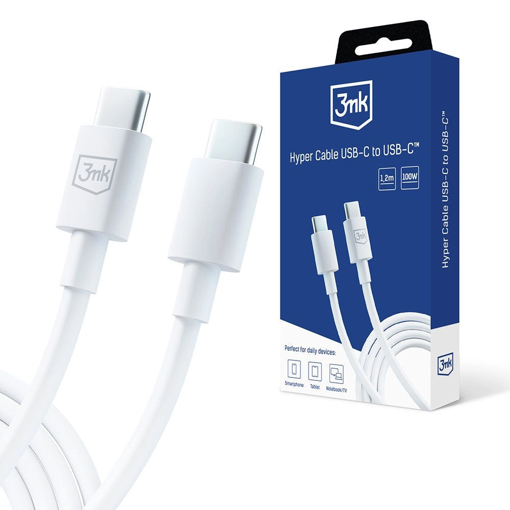 USB-C кабел за данни и зареждане - USB-C 3MK Hyper, 100W, 1,2 м, бял 