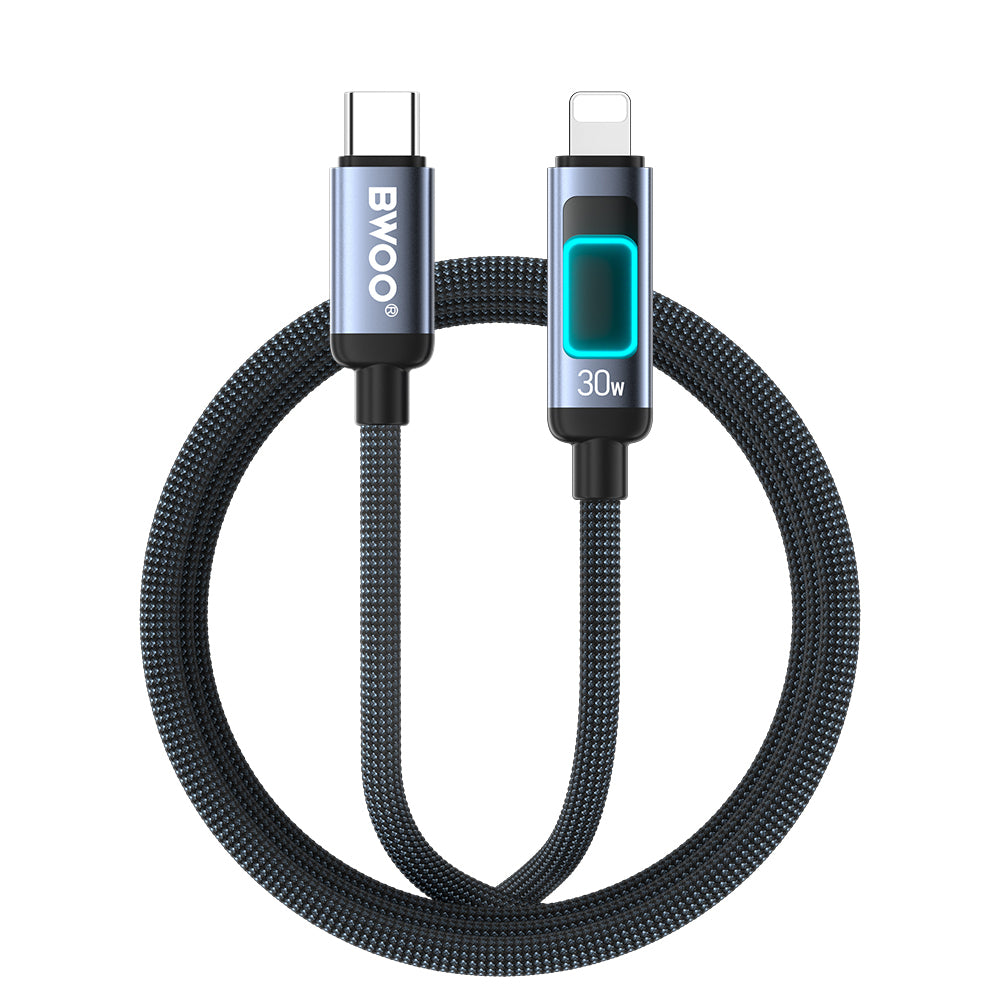 Кабел за данни и зареждане USB-C - Lightning BWOO X324CL Display, 30W, 1м, Черен