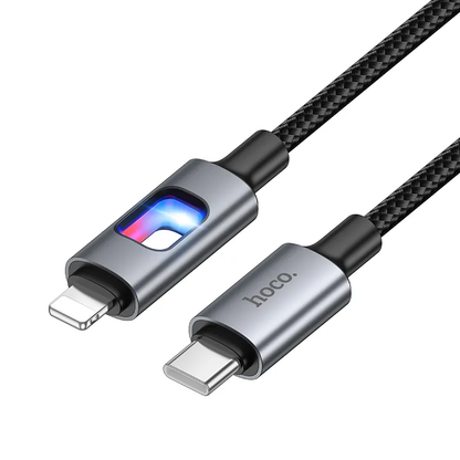 Кабел за данни и зареждане USB-C - Lightning HOCO U144 Led, 27W, 1.2м, Черен