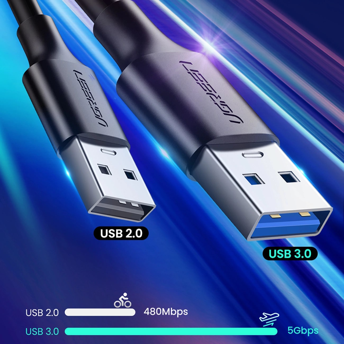 Кабел за данни и зареждане USB-A - USB-C UGREEN US184, 18W, 0.5m, Черен