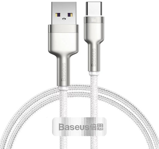 Кабел за данни и зареждане USB-A - USB-C Baseus Cafule Metal Series, 66W, 1m, бял CAKF000102