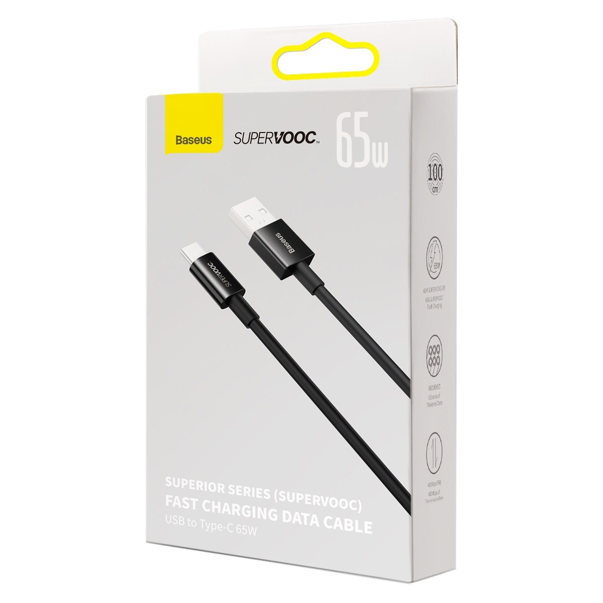 Кабел за пренос на данни и зареждане Baseus Superior Series USB-A към USB-C, 65W, 1 м, черен 