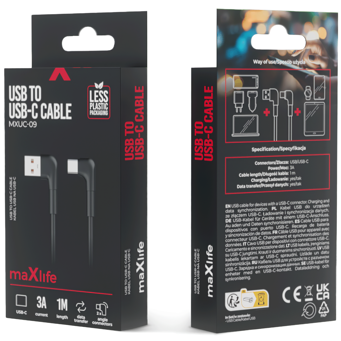 USB-A към USB-C MaXlife MXUC-09 ъглов, 20W, 1m, черен 