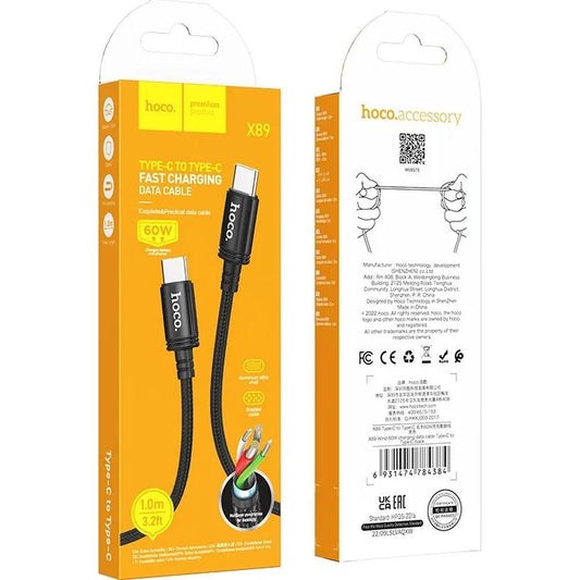 Кабел за данни и зареждане USB-C - USB-C HOCO X89, 60W, 1м, Черен