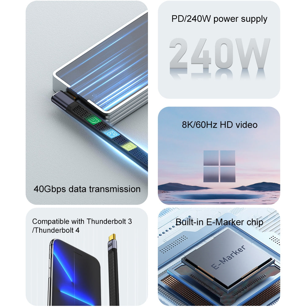 Кабел за данни и зареждане USB-C - USB-C OEM Angled 8K Video, 240W, 0.15m, Черен