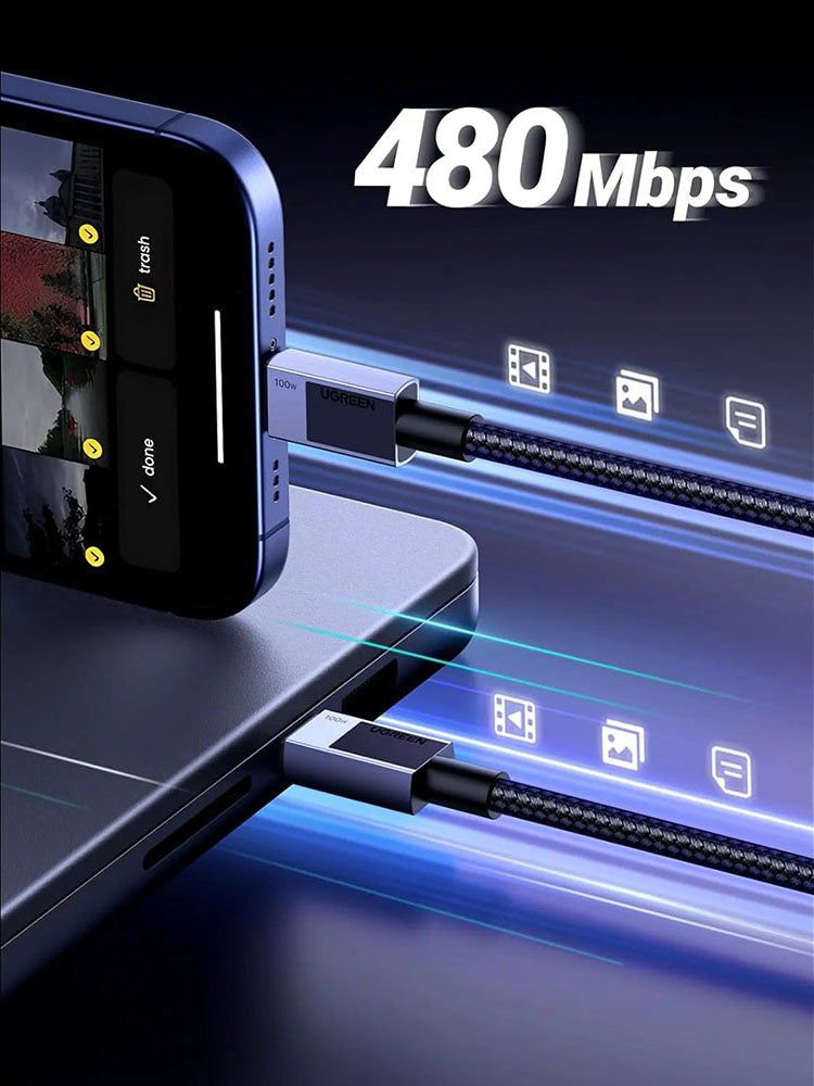 Кабел за данни и зареждане USB-C - USB-C UGREEN L512, 100W, 0.5m, Сив
