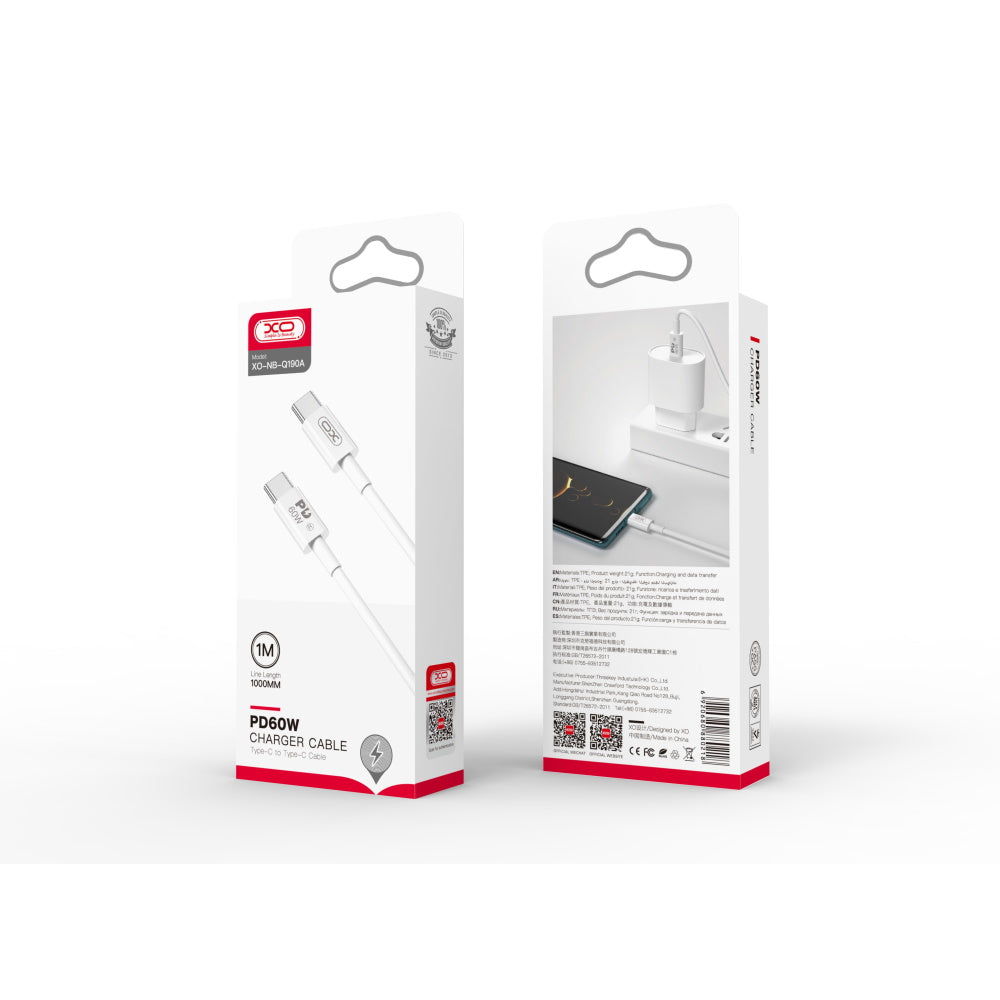 Кабел за данни и зареждане USB-C - USB-C XO Design NB-Q190A, 60W, 1m, Бял
